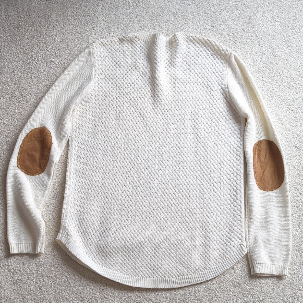 3 For $30. Elegant Cream Sweater with Brown Elbow Patches - Picture 9 of 9